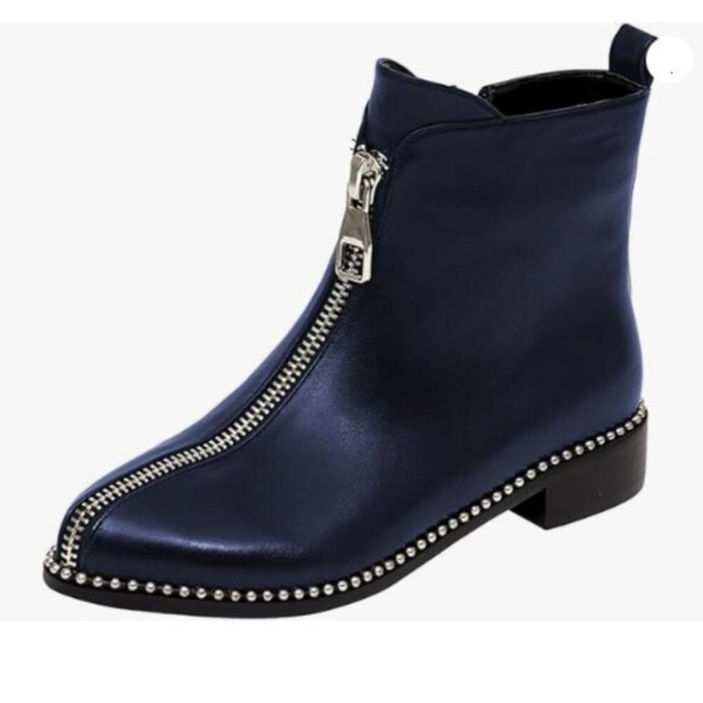 FOWT Women Round Toe Ankle Boots Rivet Studded Short Booties Blue Shoes
